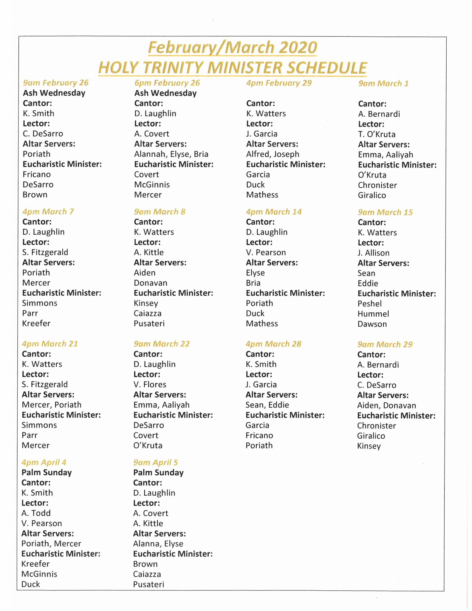 Liturgical Ministers Schedule Holy Trinity Catholic Parish